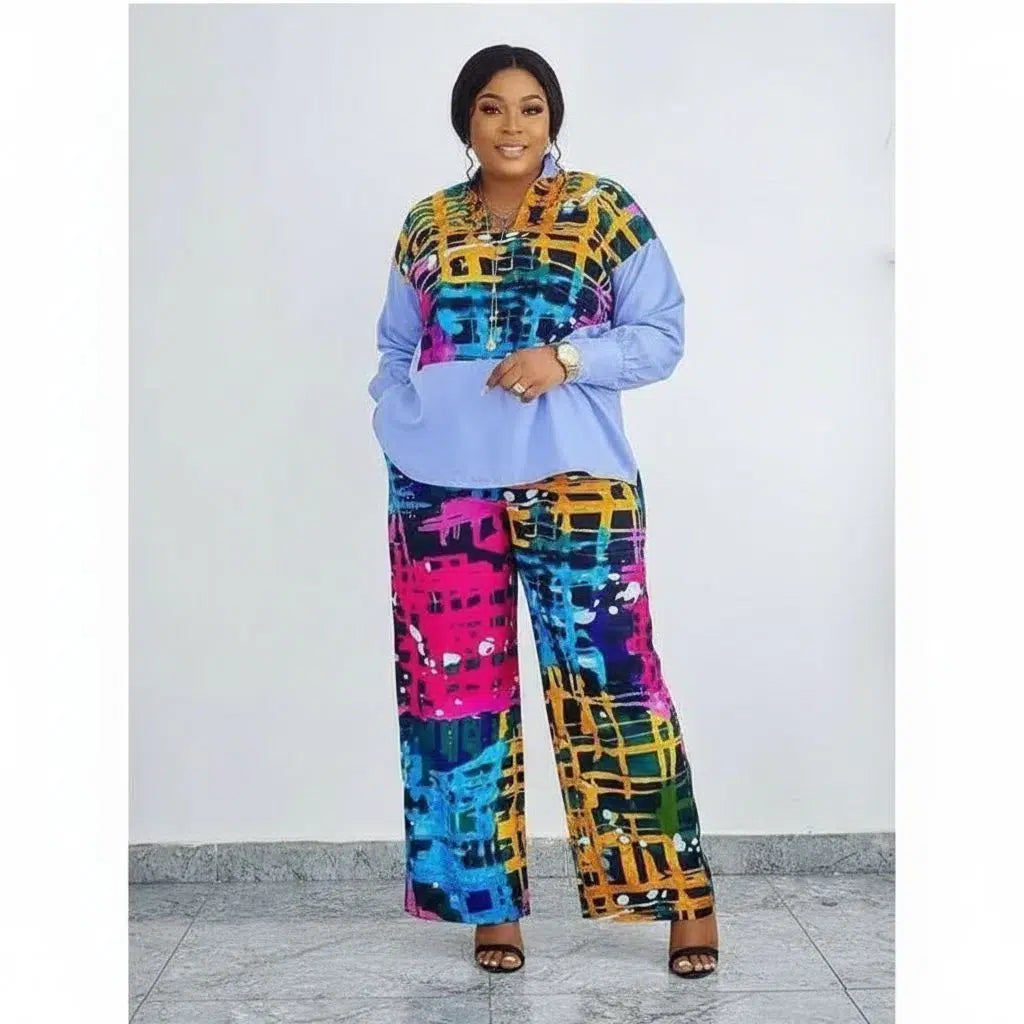 Ensemble femme chemise pantalon patchwork coloré Woodin ample et moderne