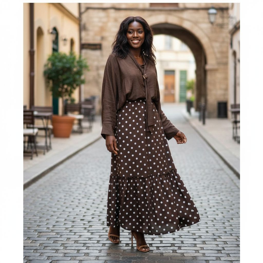 Ensemble femme chemisier et jupe chic à pois, élégant, fluide, multicolore