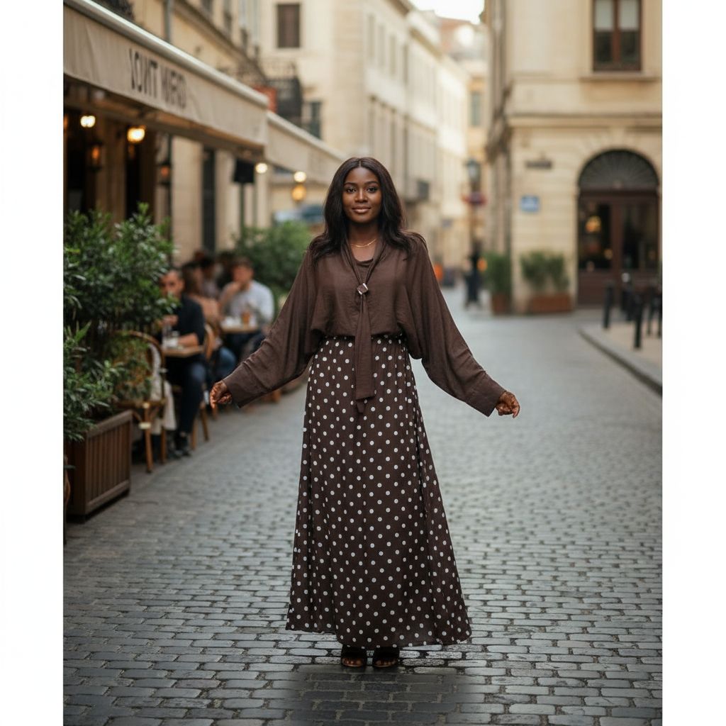 Ensemble femme chemisier et jupe chic à pois, élégant, fluide, multicolore