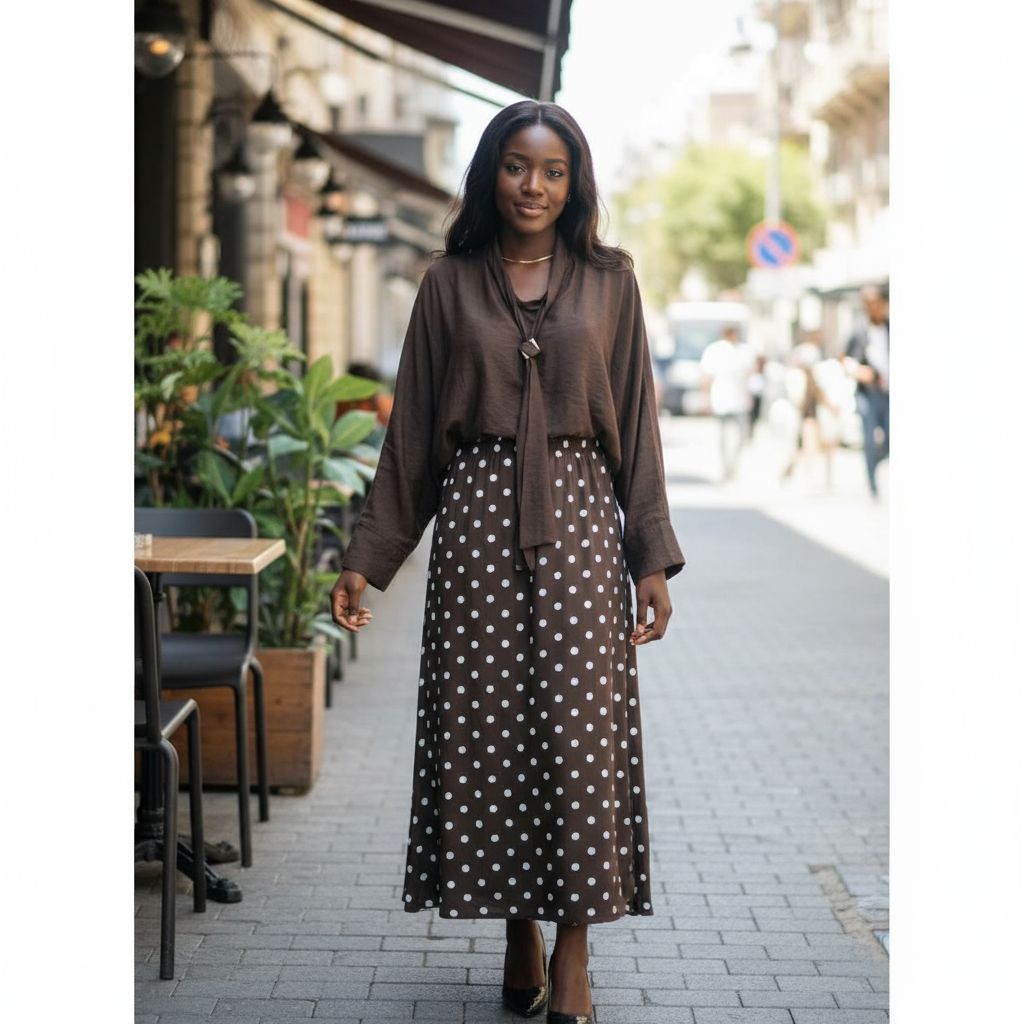 Ensemble femme chemisier et jupe chic à pois, élégant, fluide, multicolore