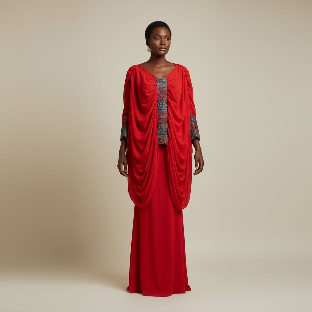 Ensemble femme crepe rouge et pagne tissé élégant, cérémonie ou mariage
