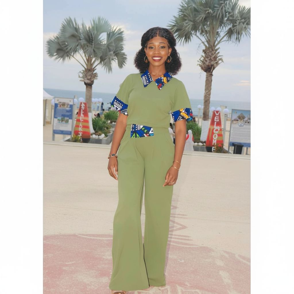 Ensemble femme wax vert et bleu multicolore chic avec pantalon et haut