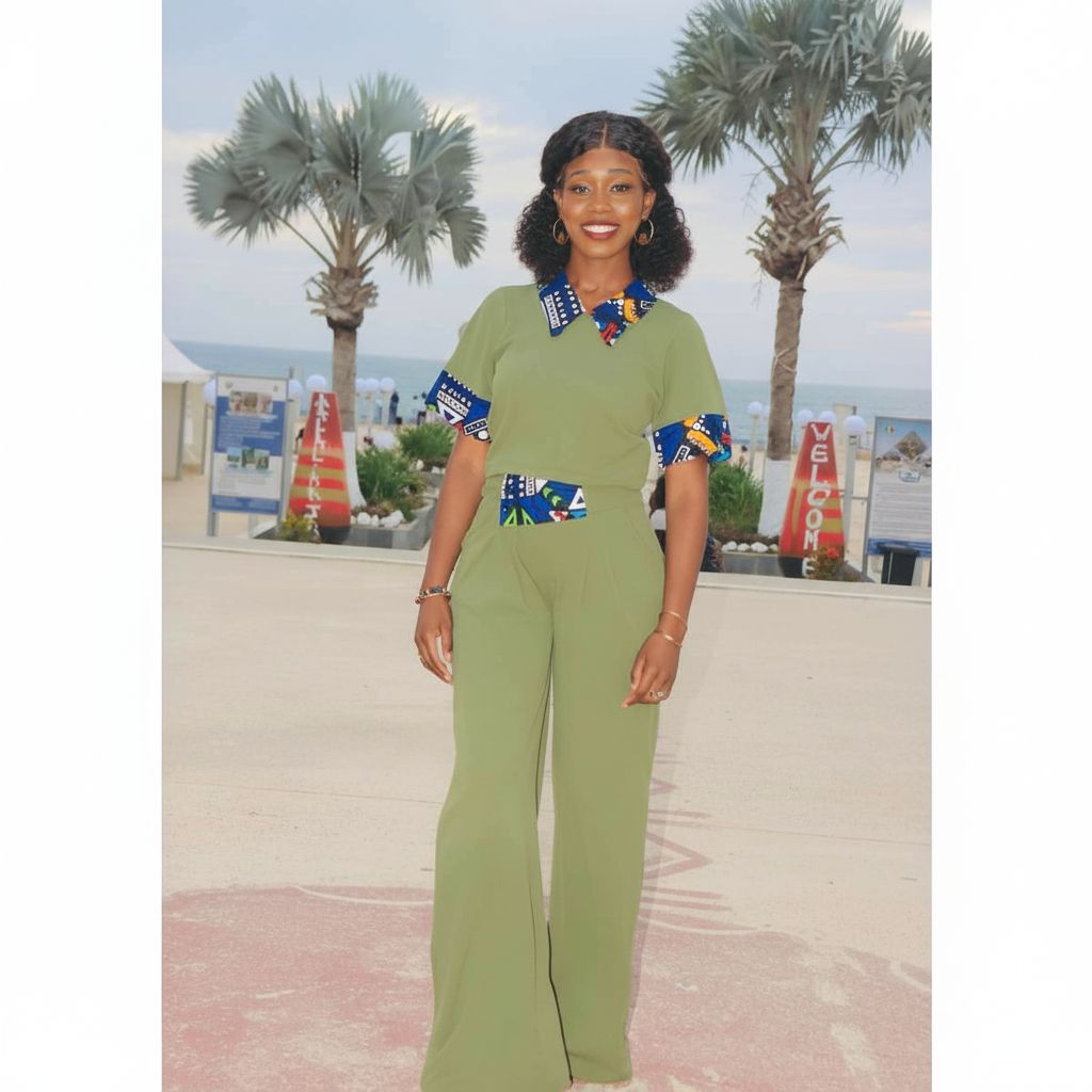 Ensemble femme wax vert et bleu multicolore chic avec pantalon et haut