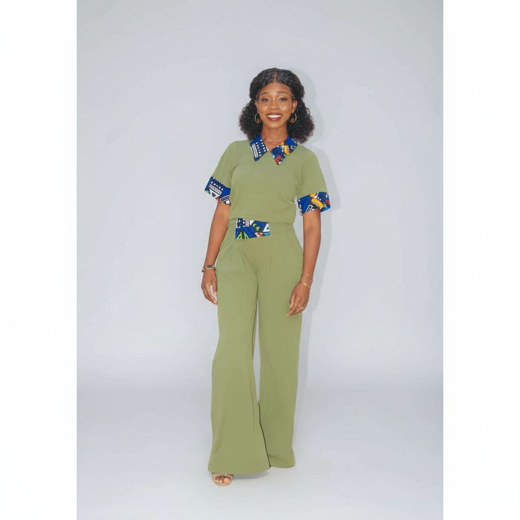 Ensemble femme wax vert et bleu multicolore chic avec pantalon et haut