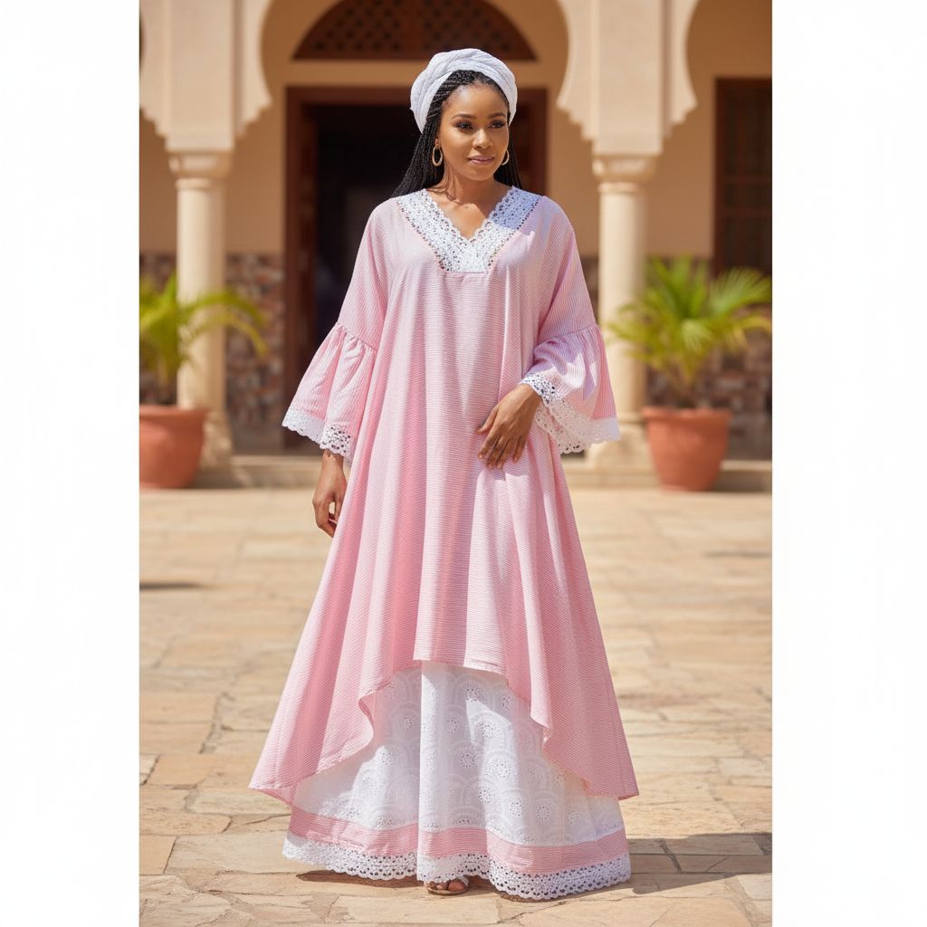 Ensemble grande dame femme jupe large et haut coton rayure rose blanc XXL