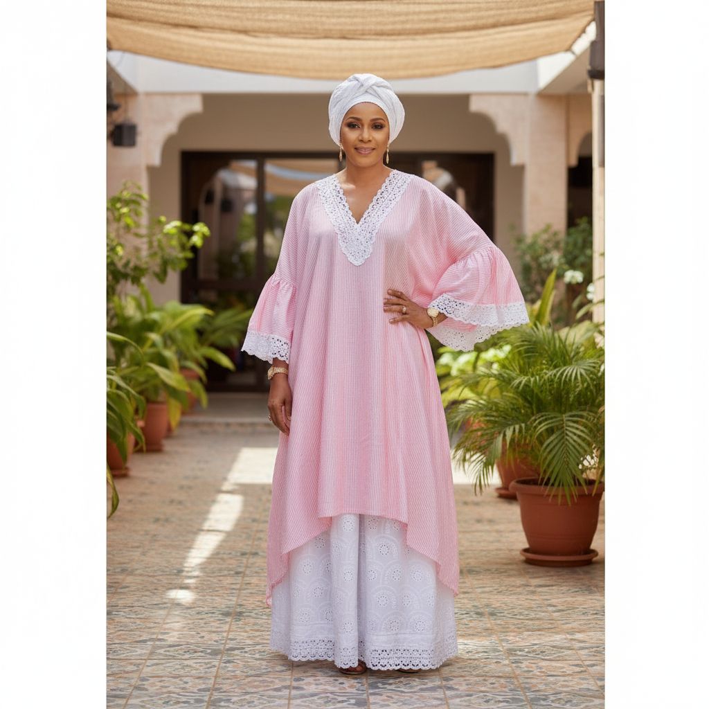 Ensemble grande dame femme jupe large et haut coton rayure rose blanc XXL