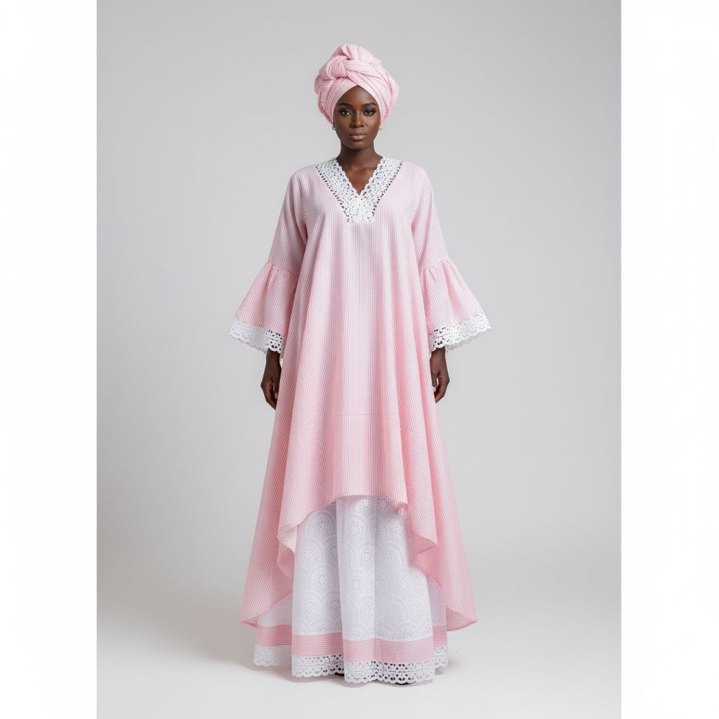 Ensemble grande dame femme jupe large et haut coton rayure rose blanc XXL