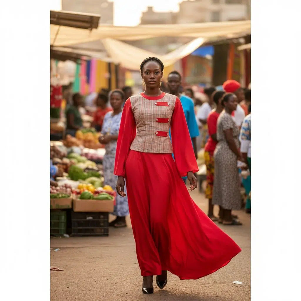 Ensemble haut et jupe longue femme rouge et bleu, tenue élégante événement