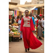Ensemble haut et jupe longue femme rouge et bleu, tenue élégante événement