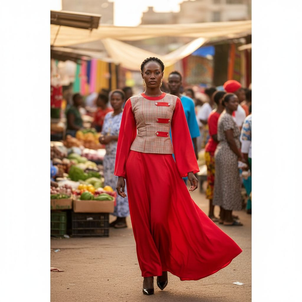 Ensemble haut et jupe longue femme rouge et bleu, tenue élégante événement
