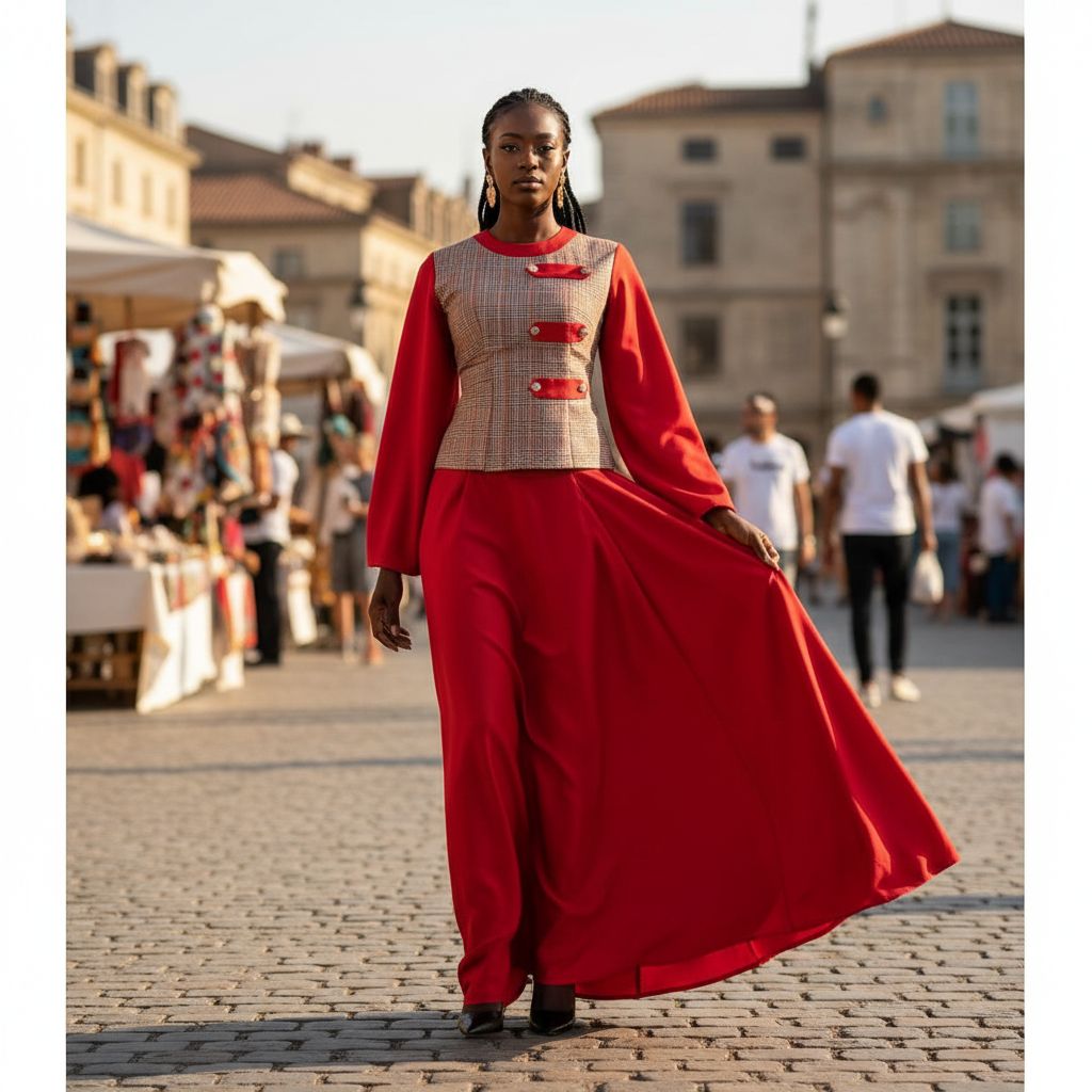 Ensemble haut et jupe longue femme rouge et bleu, tenue élégante événement