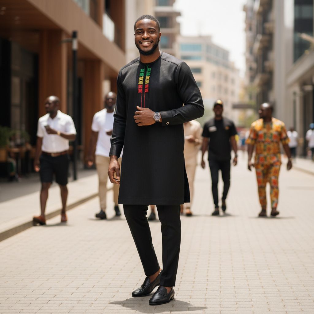 Ensemble homme africain noir brodé – Tenue traditionnelle chic et moderne