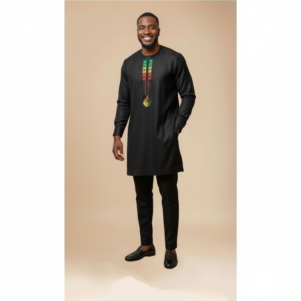 Ensemble homme africain noir brodé – Tenue traditionnelle chic et moderne