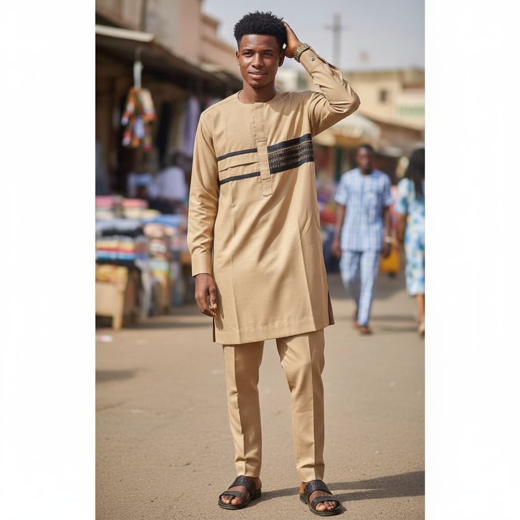 Ensemble homme beige élégant en coton, tunique traditionnelle chic