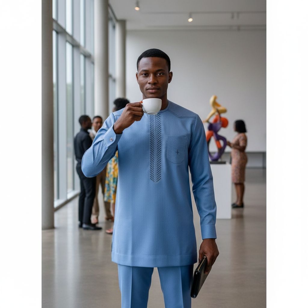 Elegant and Refined Azure Blue Men's Set, Comfortable Cotton