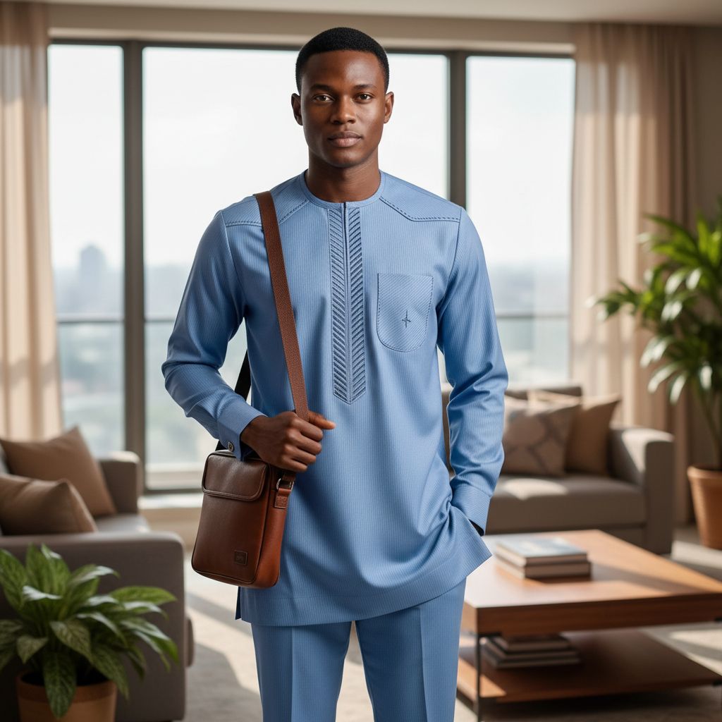 Elegant and Refined Azure Blue Men's Set, Comfortable Cotton