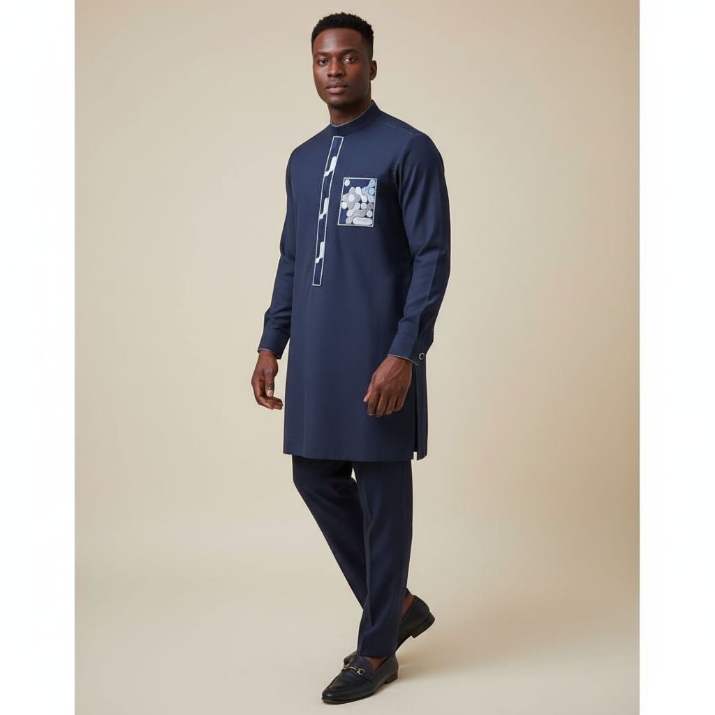 Tunique bleu col mao avec broderie