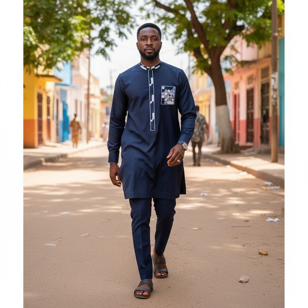 Tunique bleu col mao avec broderie