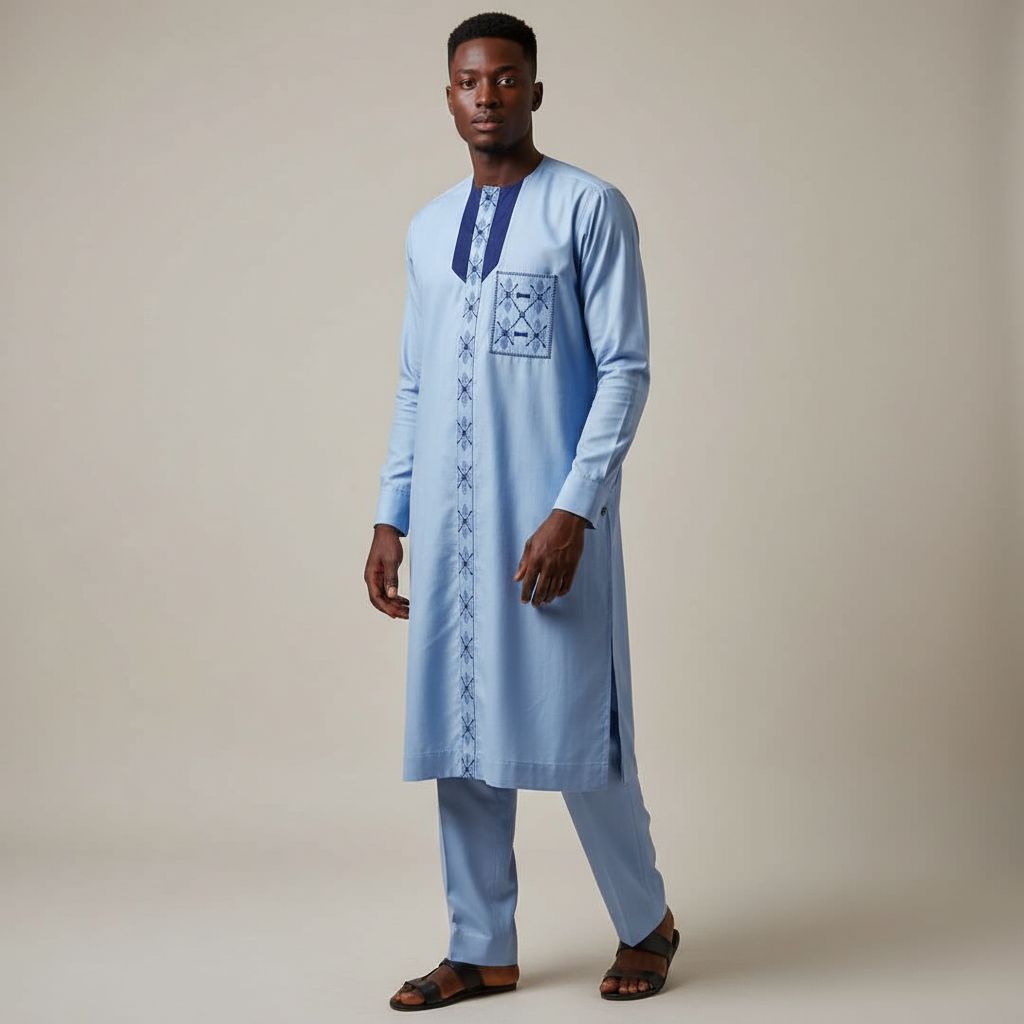 Ensemble homme bleu élégant en coton, chemise brodée traditionnelle chic