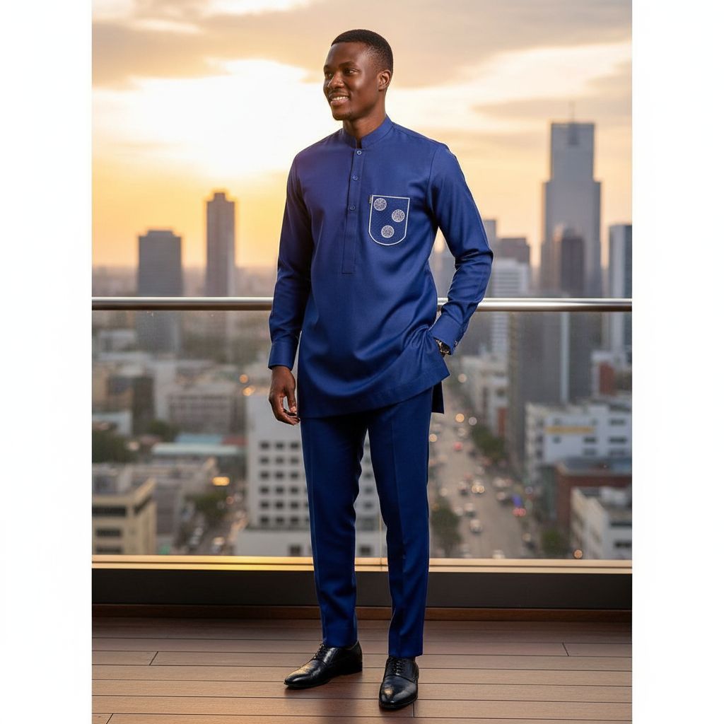 Ensemble homme bleu majesté tunique col mao