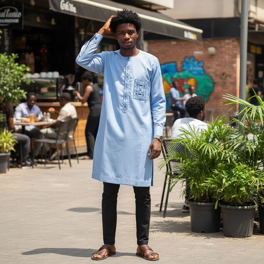 Ensemble homme bleu élégant en coton, chemise brodée traditionnelle chic