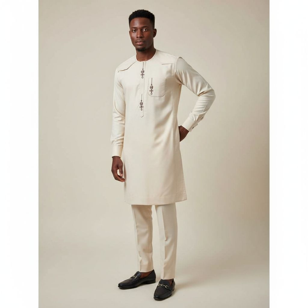Ensemble homme chic broderie fait main élégant coton avec ceinture XL XXL