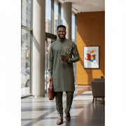 Elegant Khaki Mao Collar Men's Set – Modern Chic Ceremony Suit