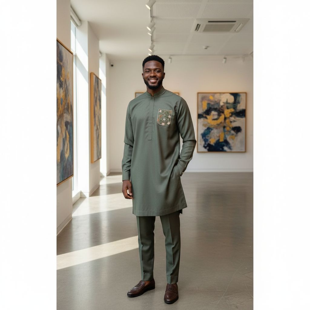 Elegant Khaki Mao Collar Men's Set – Modern Chic Ceremony Suit