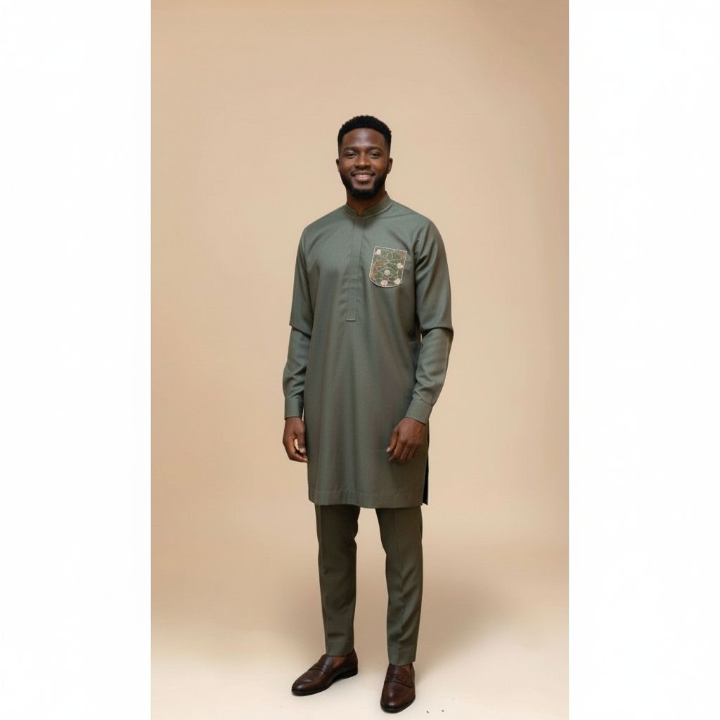 Elegant Khaki Mao Collar Men's Set – Modern Chic Ceremony Suit
