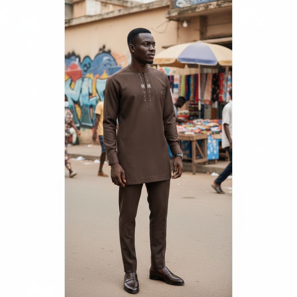 Ensemble homme marron élégant – Tenue traditionnelle moderne deux pièces