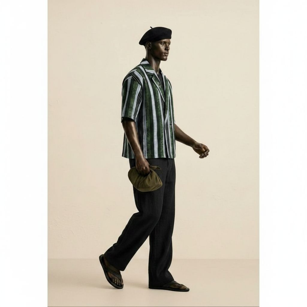 Ensemble homme moderne : chemise rayée kaki et pantalon fluide élégant