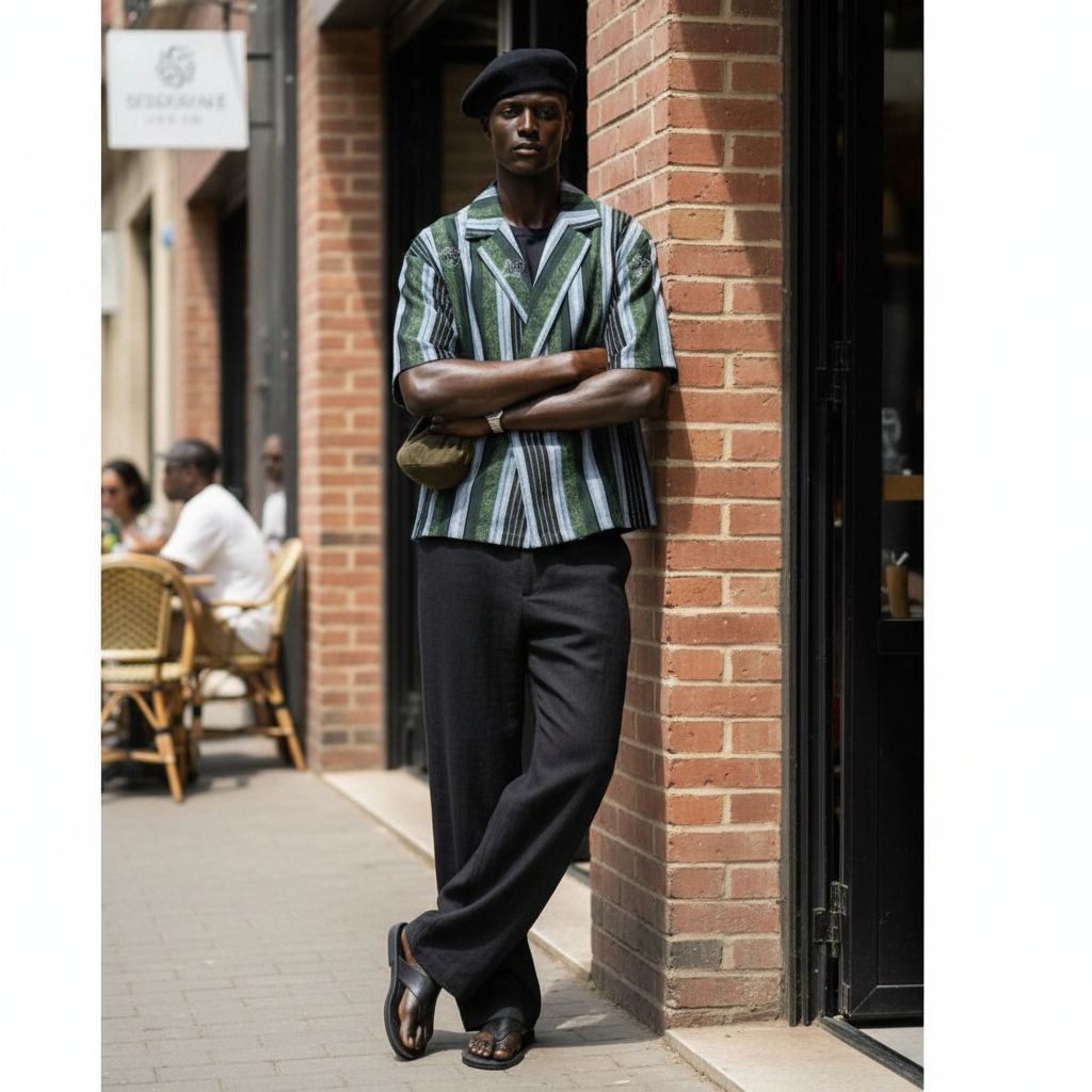 Ensemble homme moderne : chemise rayée kaki et pantalon fluide élégant