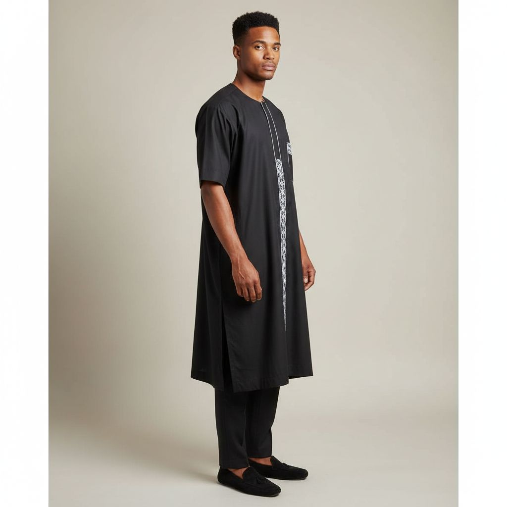 Ensemble homme noir élégant tunique brodée col tunisien, cérémonie chic