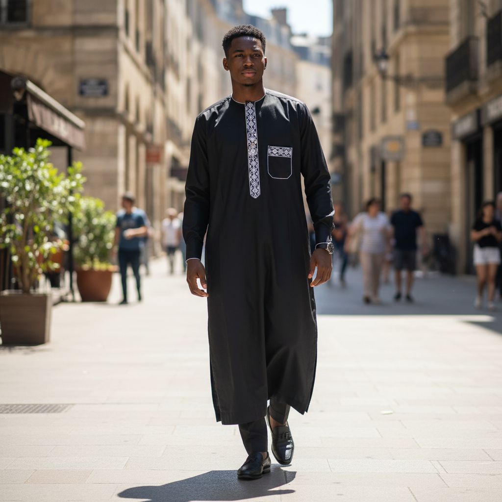 Ensemble homme noir élégant tunique brodée col tunisien, cérémonie chic