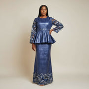 Ensemble jupe et haut femme bleu marine en bazin dentelle élégant cérémonie