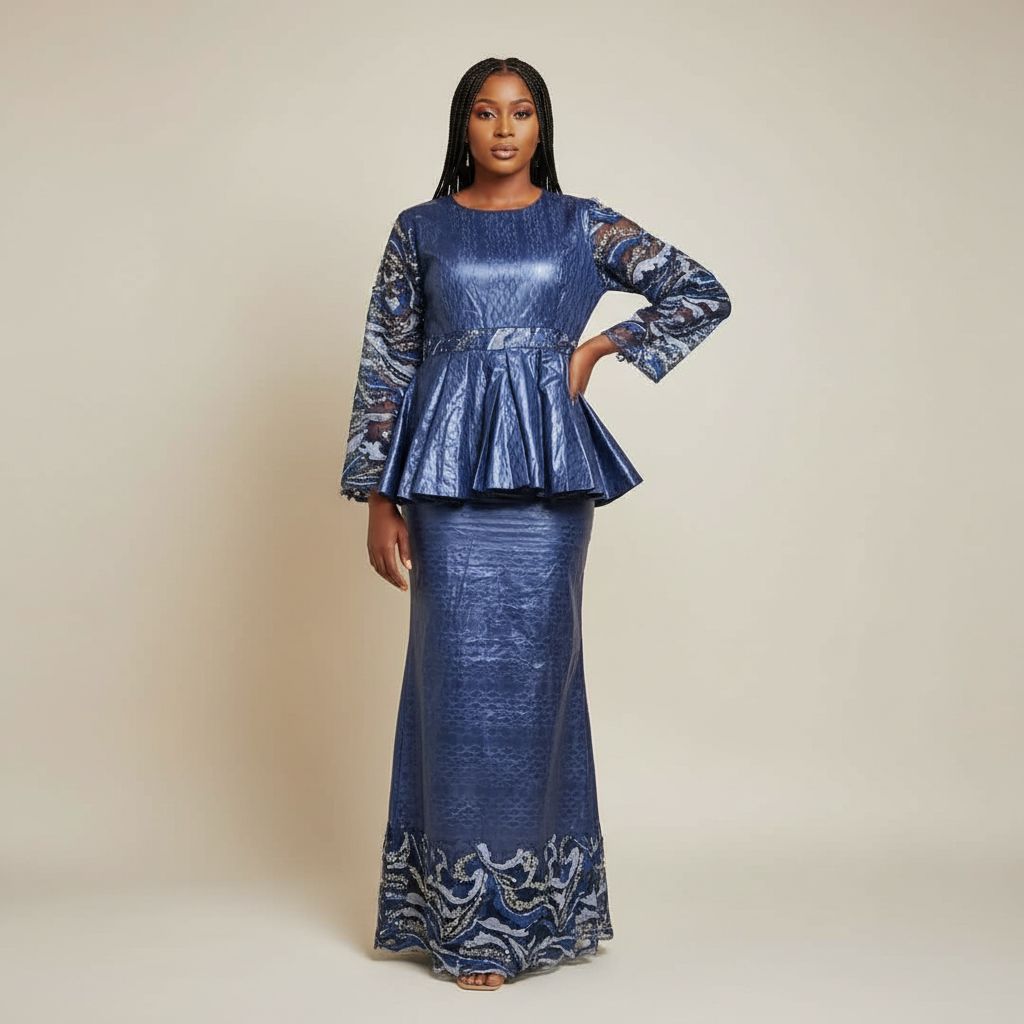 Ensemble jupe et haut femme bleu marine en bazin dentelle élégant cérémonie