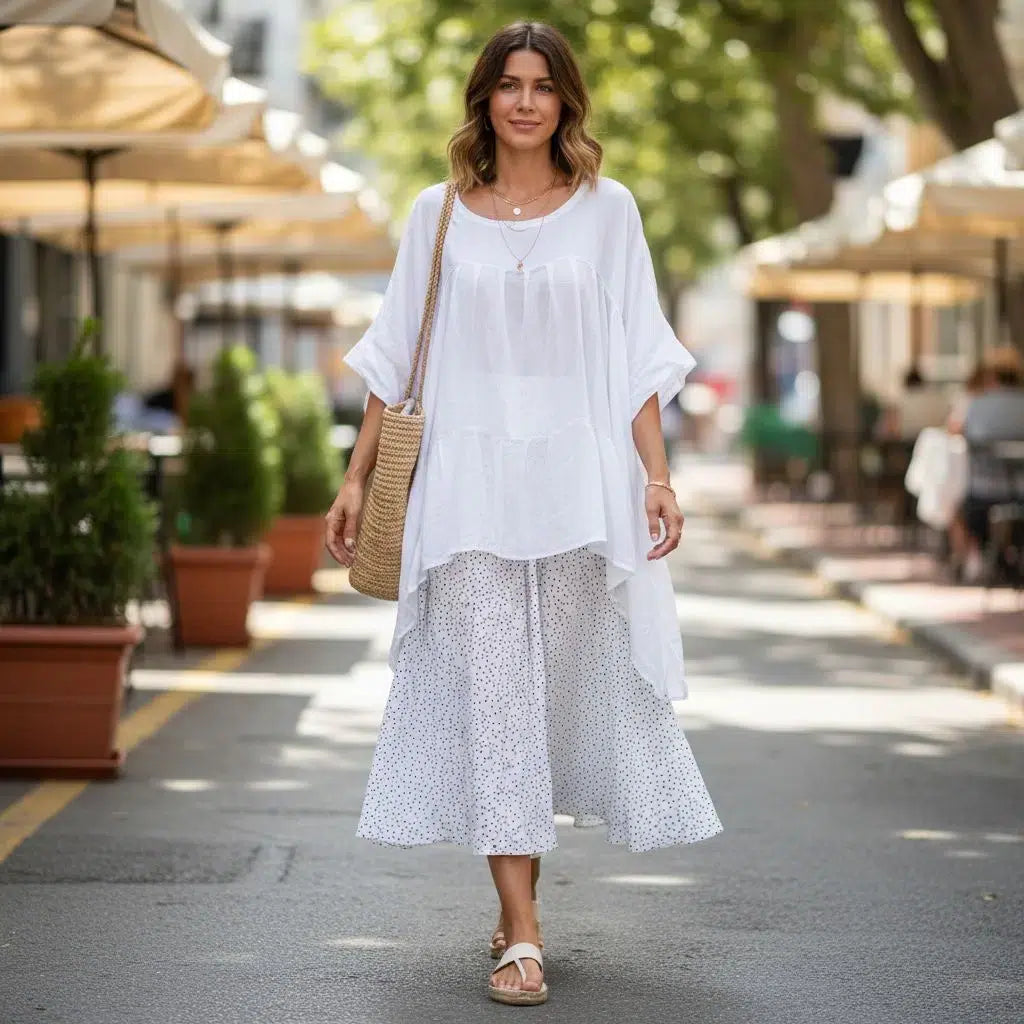 Ensemble jupe et haut femme bohème chic coton fluide blanc à pois été