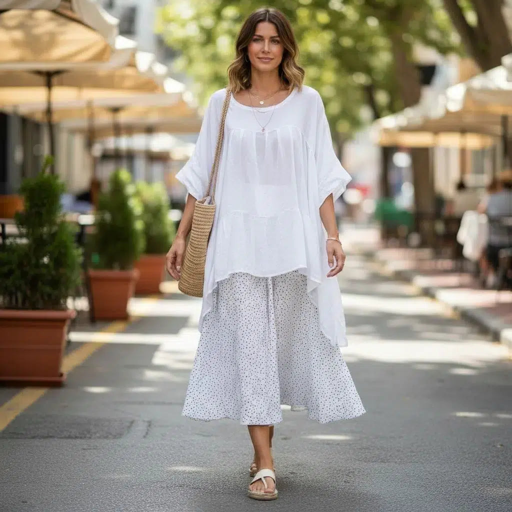 Ensemble jupe et haut femme bohème chic coton fluide blanc à pois été