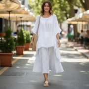 Ensemble jupe et haut femme bohème chic coton fluide blanc à pois été