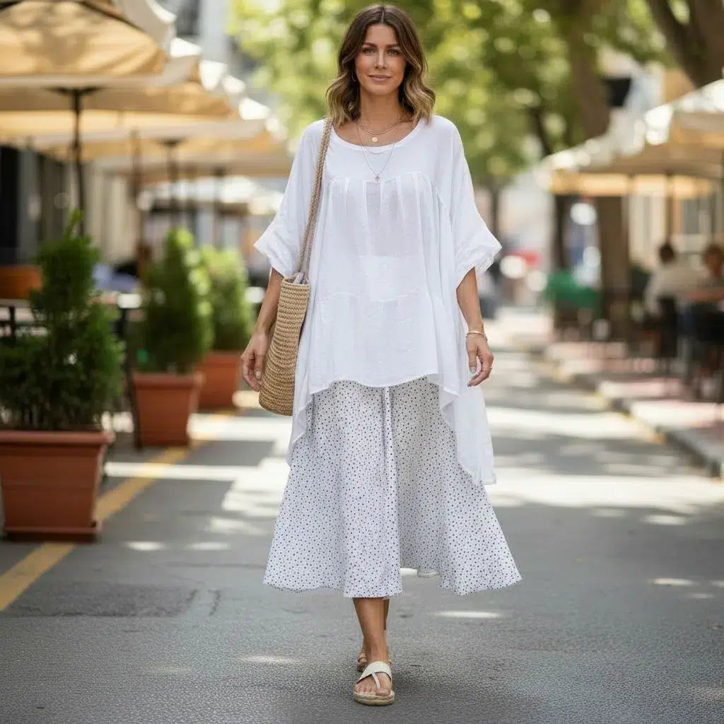 Ensemble jupe et haut femme bohème chic coton fluide blanc à pois été