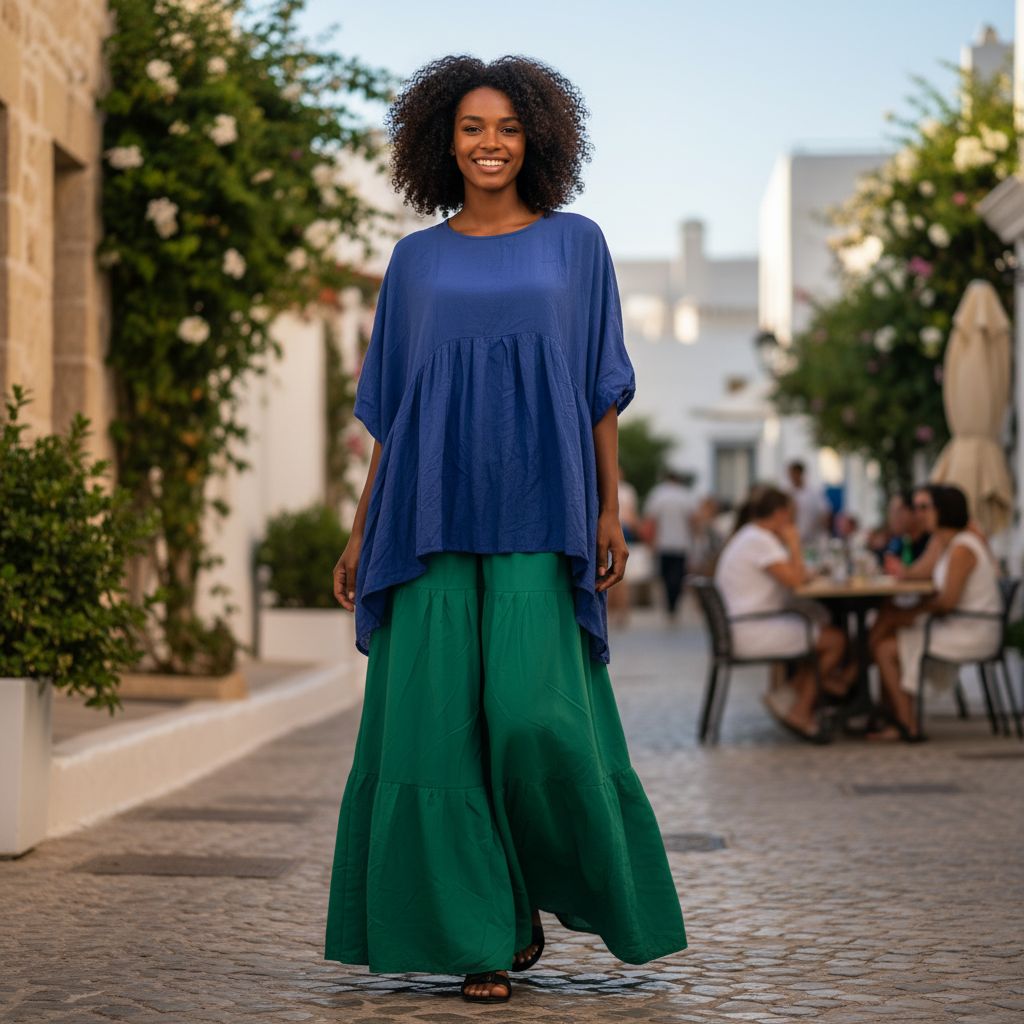 Ensemble jupe et haut femme coton léger, jupe verte longue, haut bleu chic