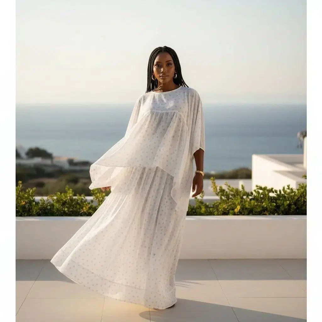 Ensemble jupe et haut femme bohème chic coton blanc cassé à pois verts