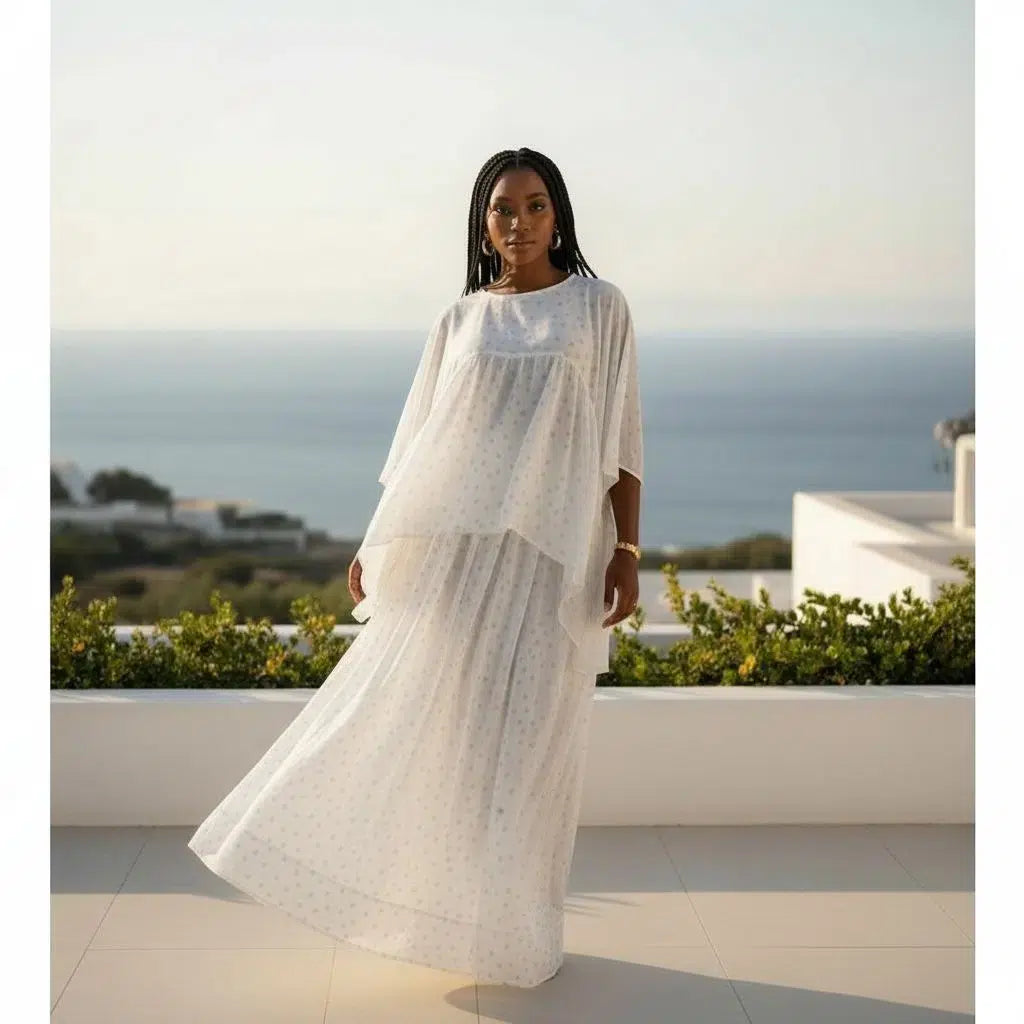 Ensemble jupe et haut femme bohème chic coton blanc cassé à pois verts