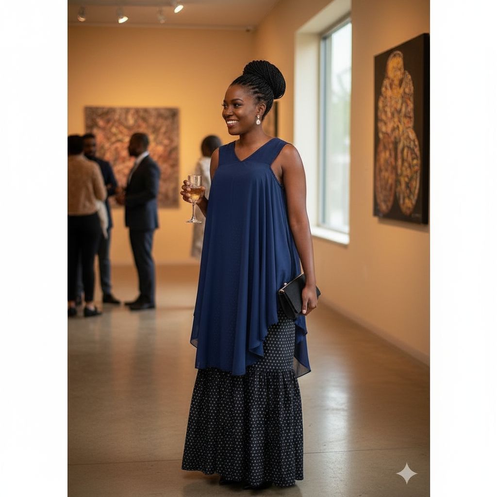 Ensemble jupe et haut femme chic bleu marine, coton et chiffon avec turban