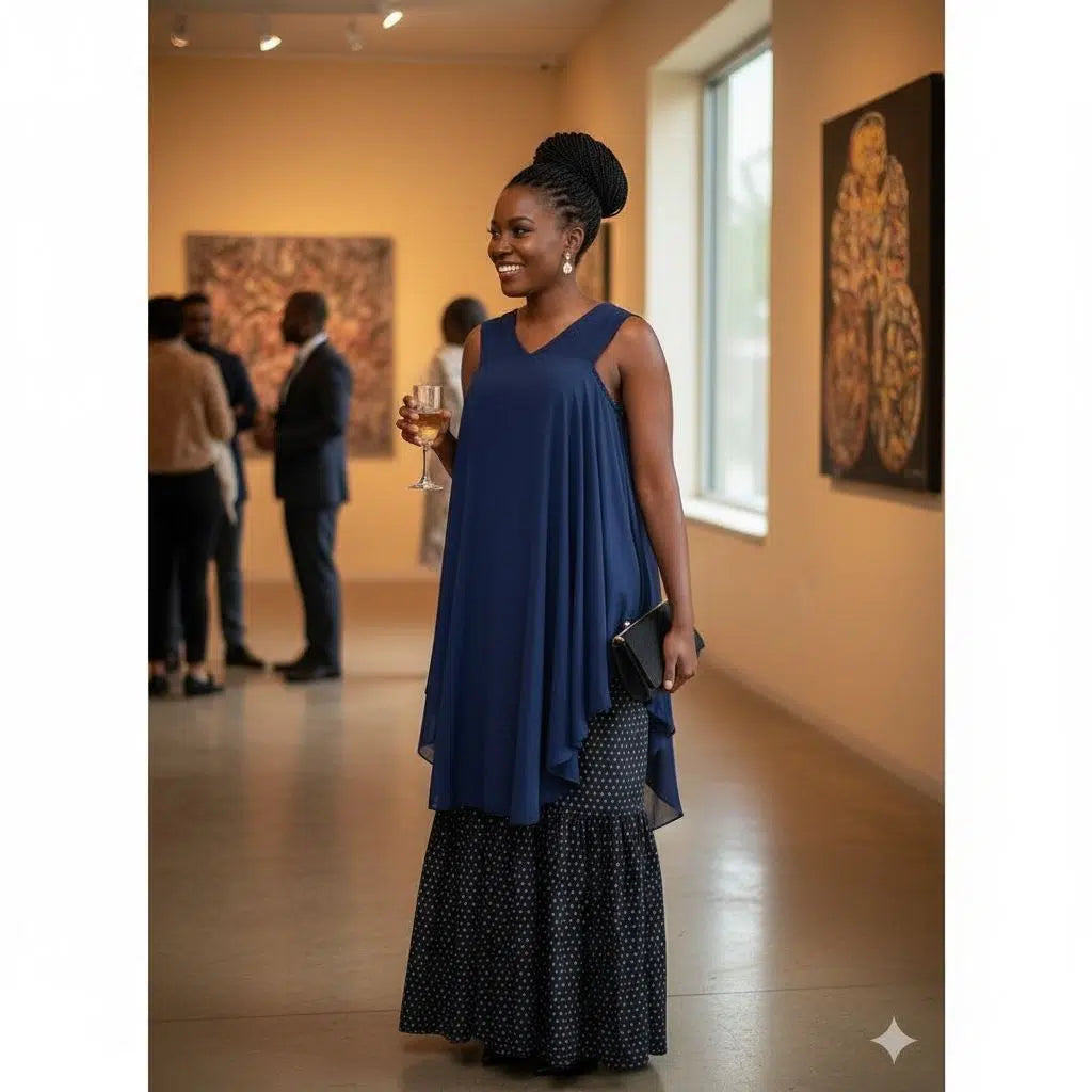 Ensemble jupe et haut femme chic bleu marine, coton et chiffon avec turban