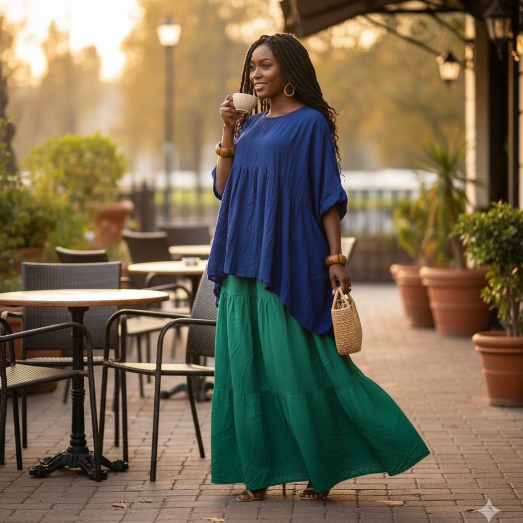 Ensemble jupe et haut femme coton léger, jupe verte longue, haut bleu chic