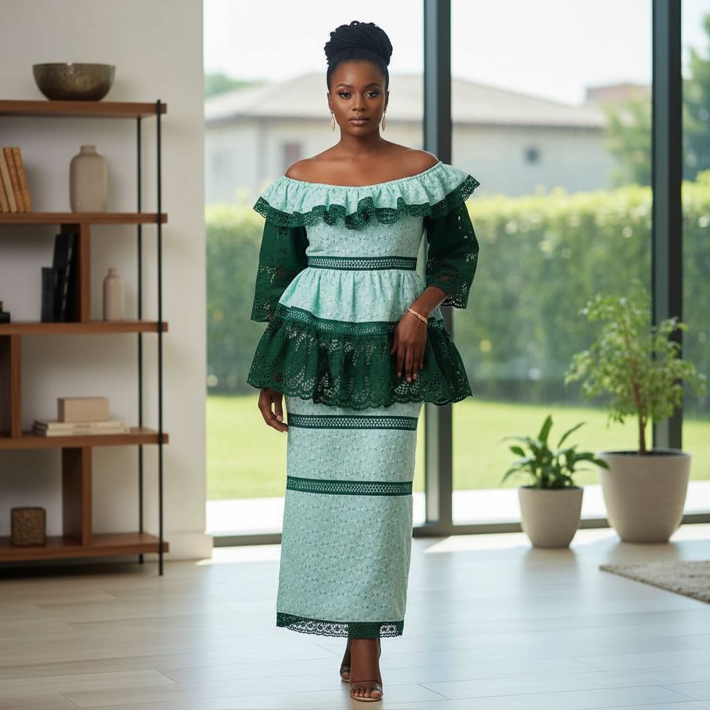 Ensemble jupe et haut femme vert brodé bohème chic dentelle coton léger