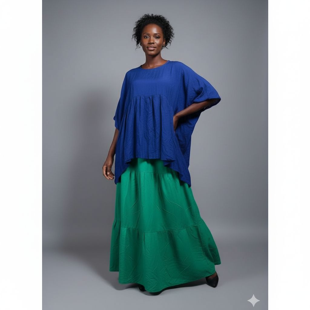 Ensemble jupe et haut femme coton léger, jupe verte longue, haut bleu chic