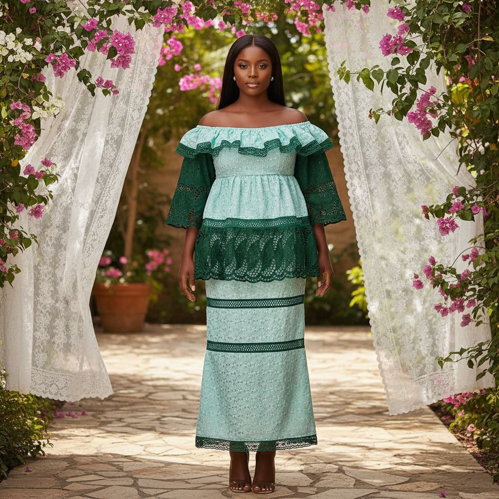 Ensemble jupe et haut femme vert brodé bohème chic dentelle coton léger