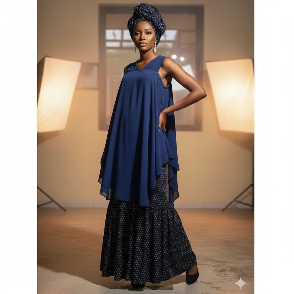 Ensemble jupe et haut femme chic bleu marine, coton et chiffon avec turban